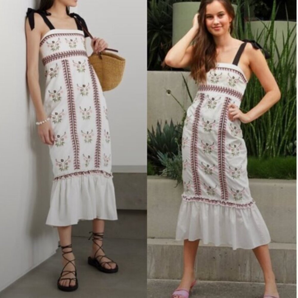 Lug Von Siga Dress Great Midi Strap Tie in White Pink Floral Embroidery